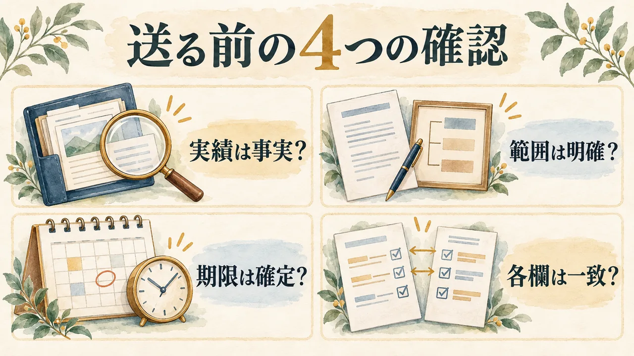 実績の事実・作業範囲・期限・応募各欄の一致を送信前に確認する水彩図