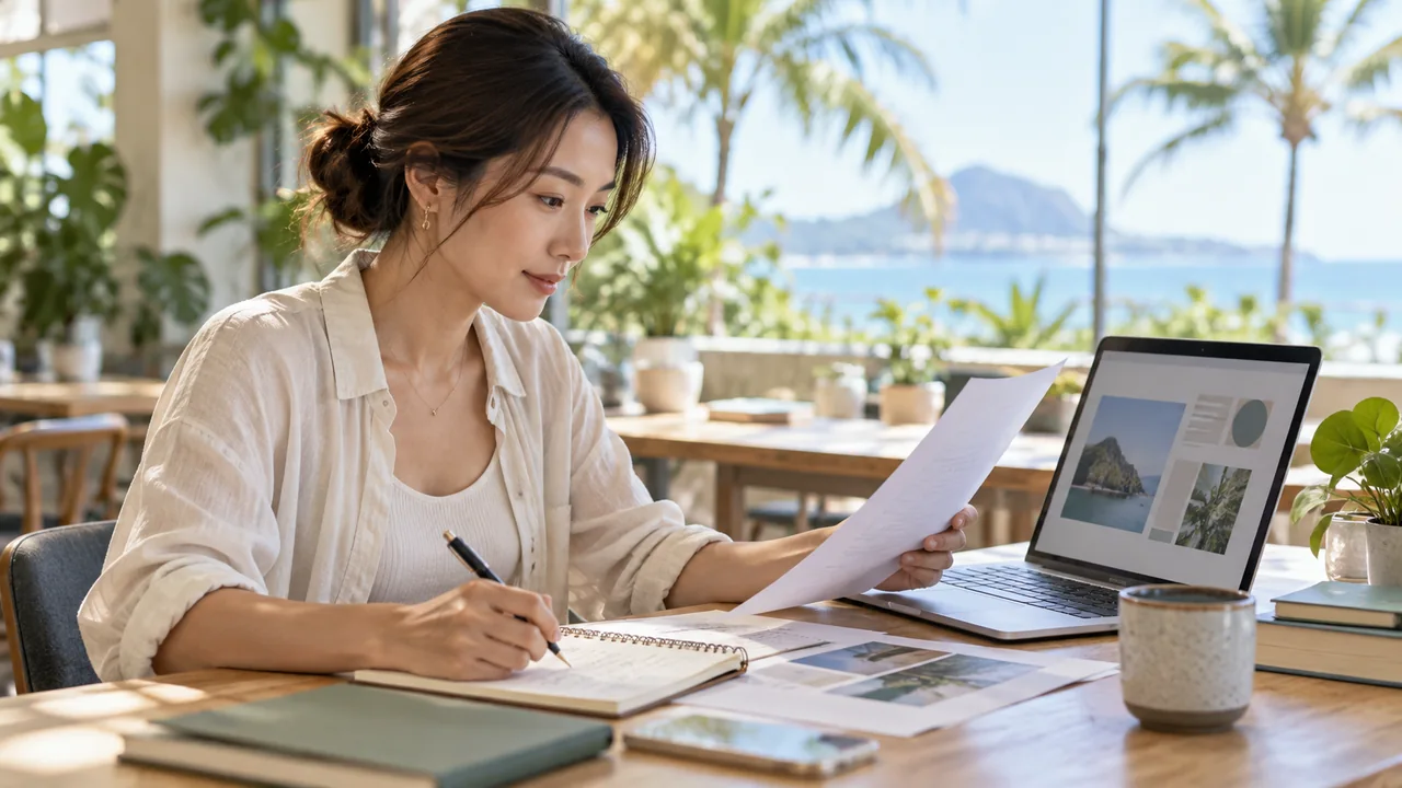 海外案件の募集文と自分の作業メモを照合しながら提案を考える社会人のイメージ