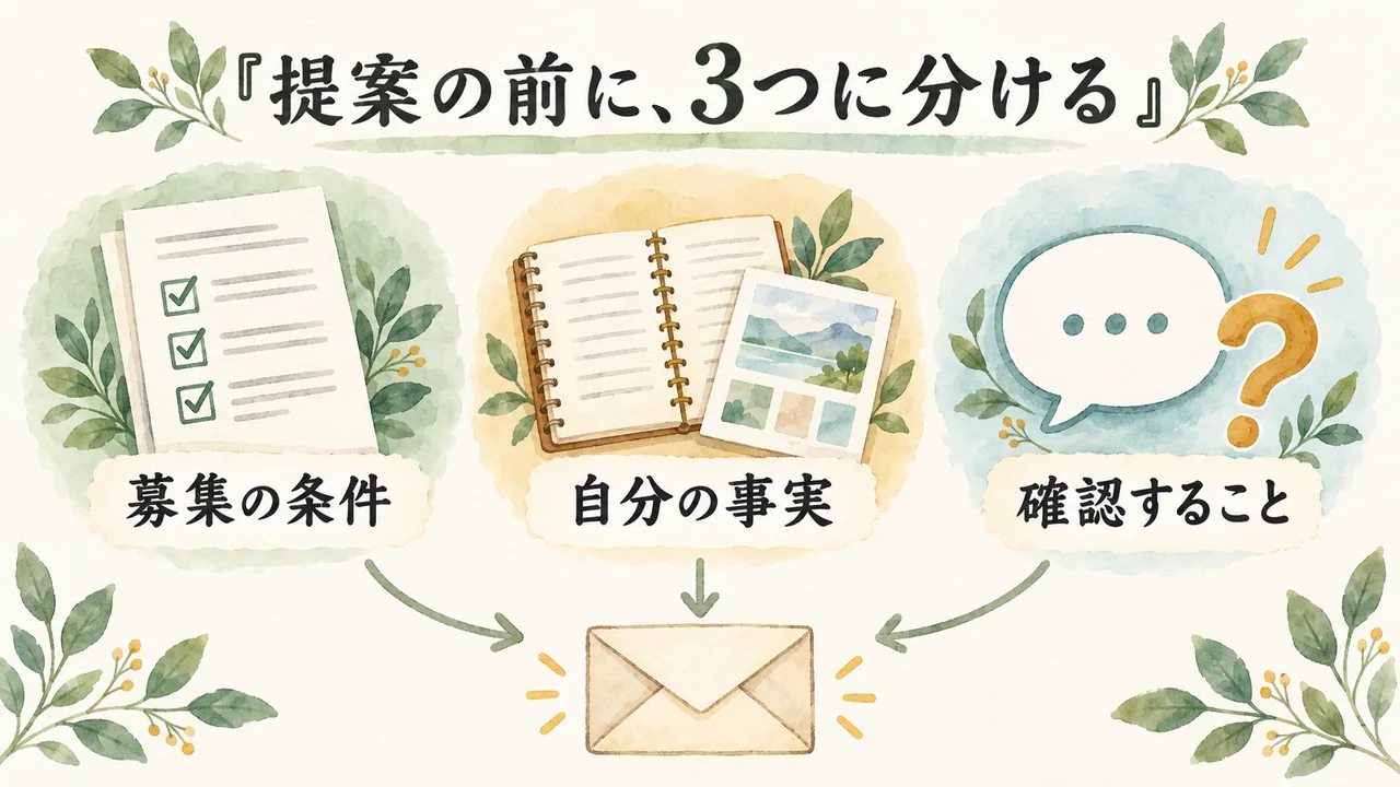 募集の条件・自分の事実・確認することを分けて英語提案文へまとめる水彩図