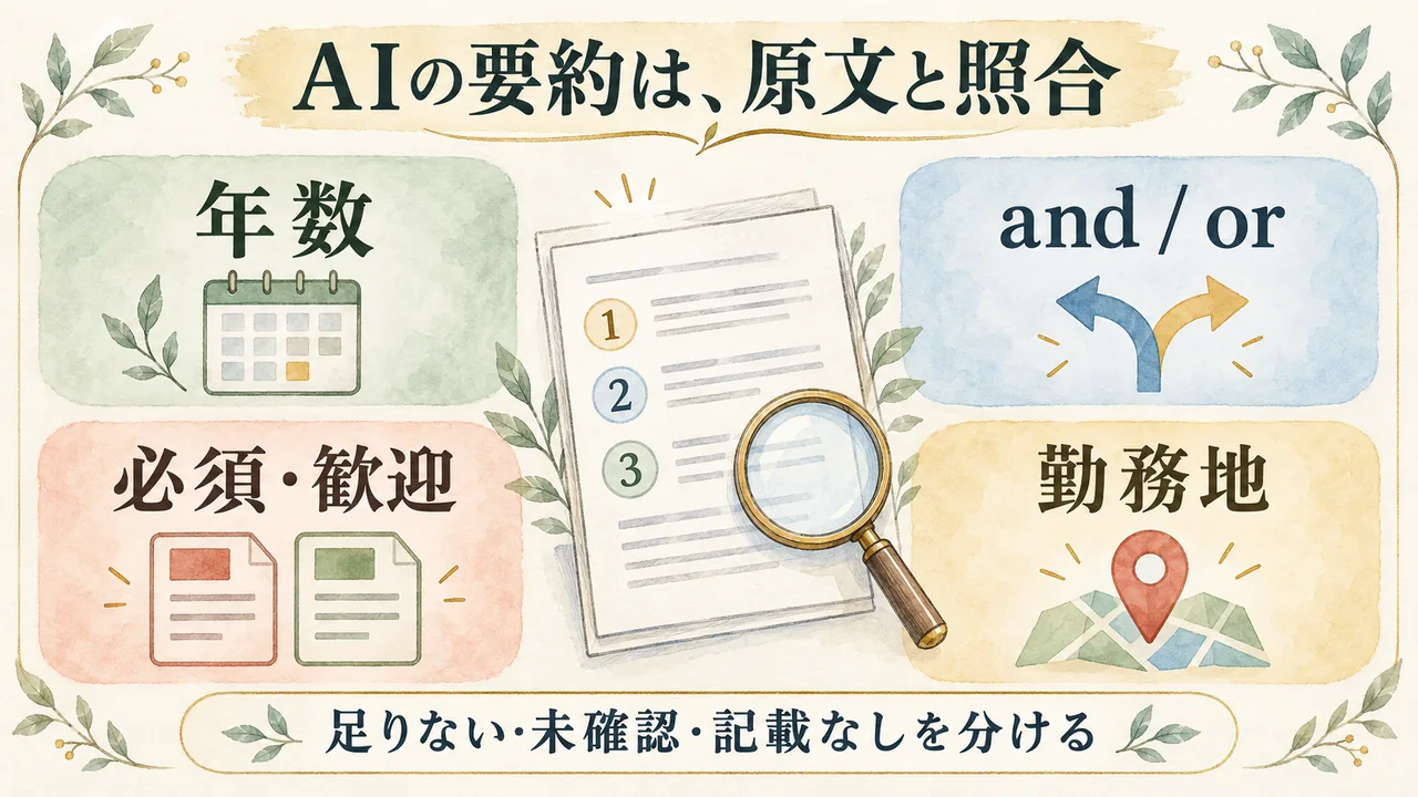 AIの求人要約で年数・andとor・必須と歓迎・勤務地を原文と照合する水彩図