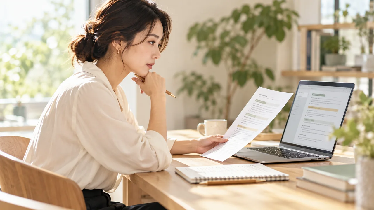 英文の求人票とパソコンの募集内容を照合する社会人のイメージ