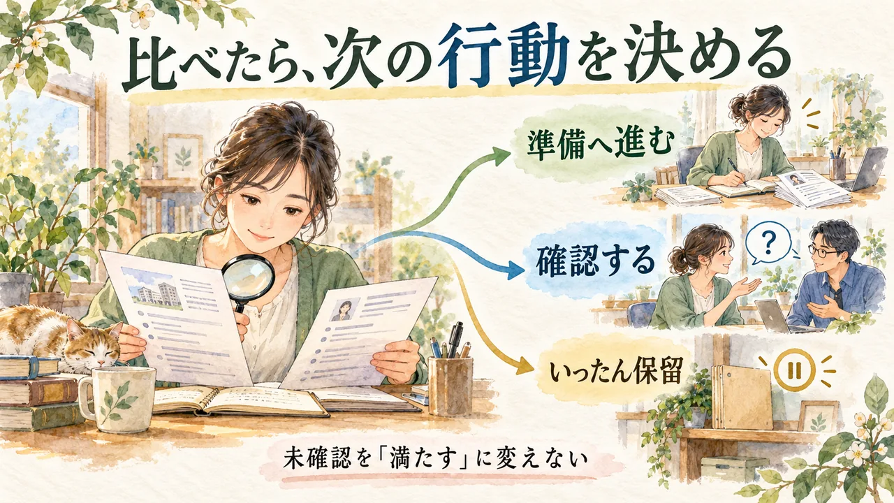 求人と自分の事実を比べ、準備へ進む・確認する・いったん保留の次の行動を選ぶ水彩図