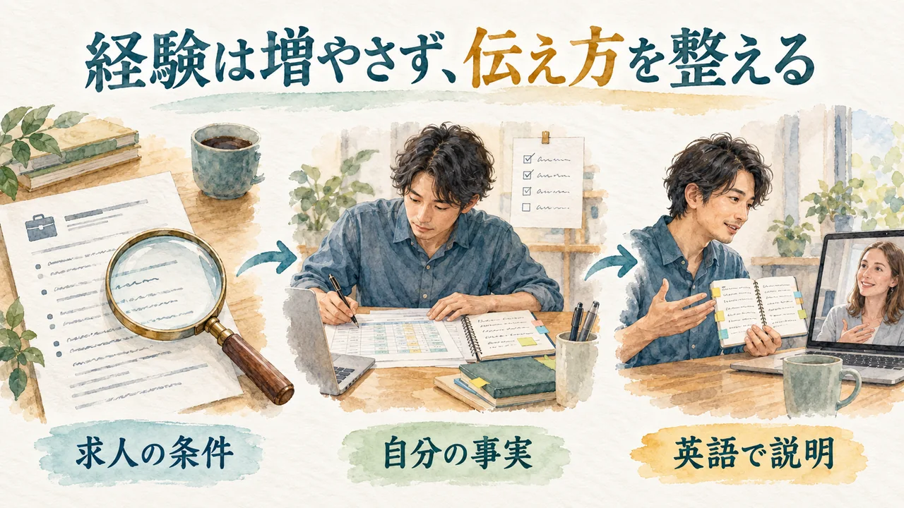 求人の条件から自分の実際の作業記録を確認し、経験を増やさず英語で説明する水彩図