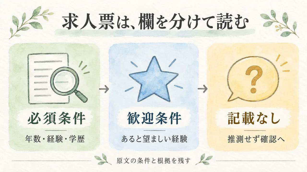英語の求人票を必須条件・歓迎条件・記載なしに分け、原文の根拠を残して読む水彩図