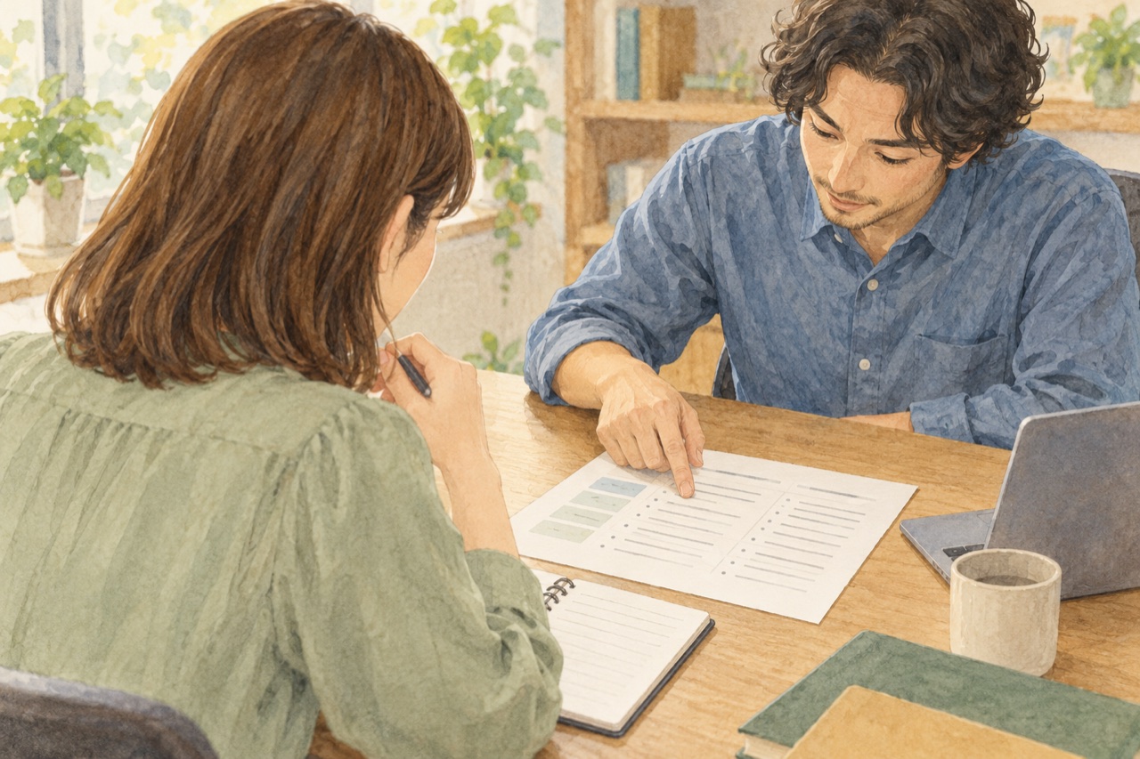 共有した基準の資料を指し、説明を聞いてメモする二人