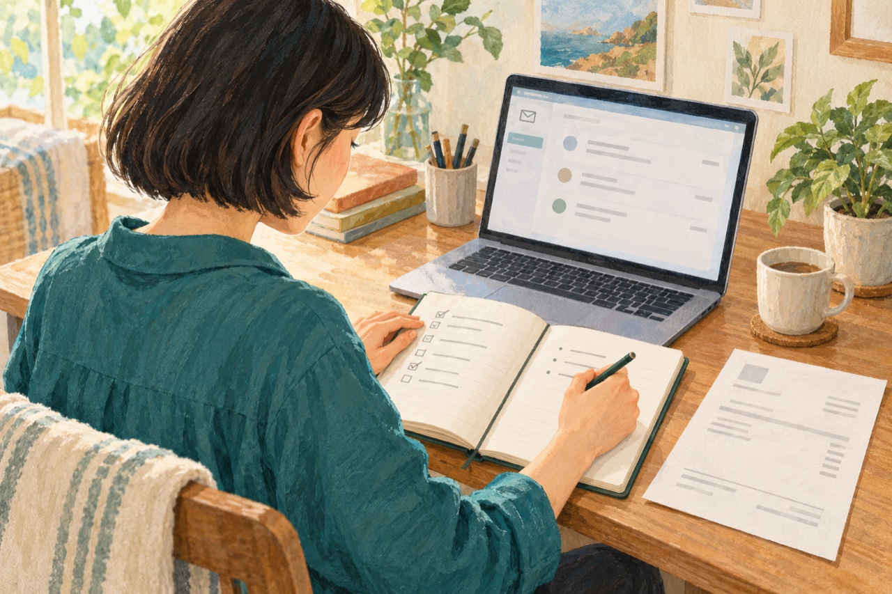 復帰後に連絡の受信欄と休み前の作業メモ、請求用紙を照合する架空の受託者