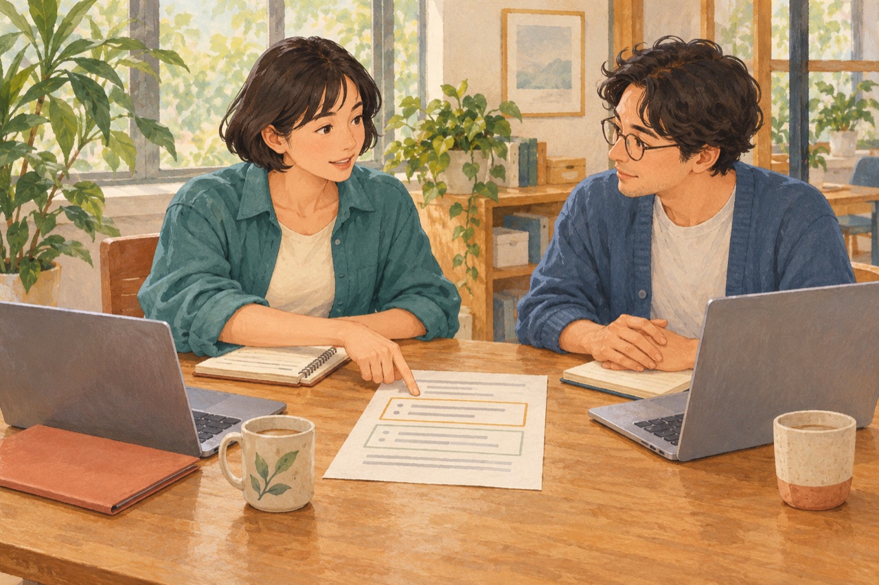 別々の端末と作業メモを使って引き継げる範囲を話し合う架空の二人