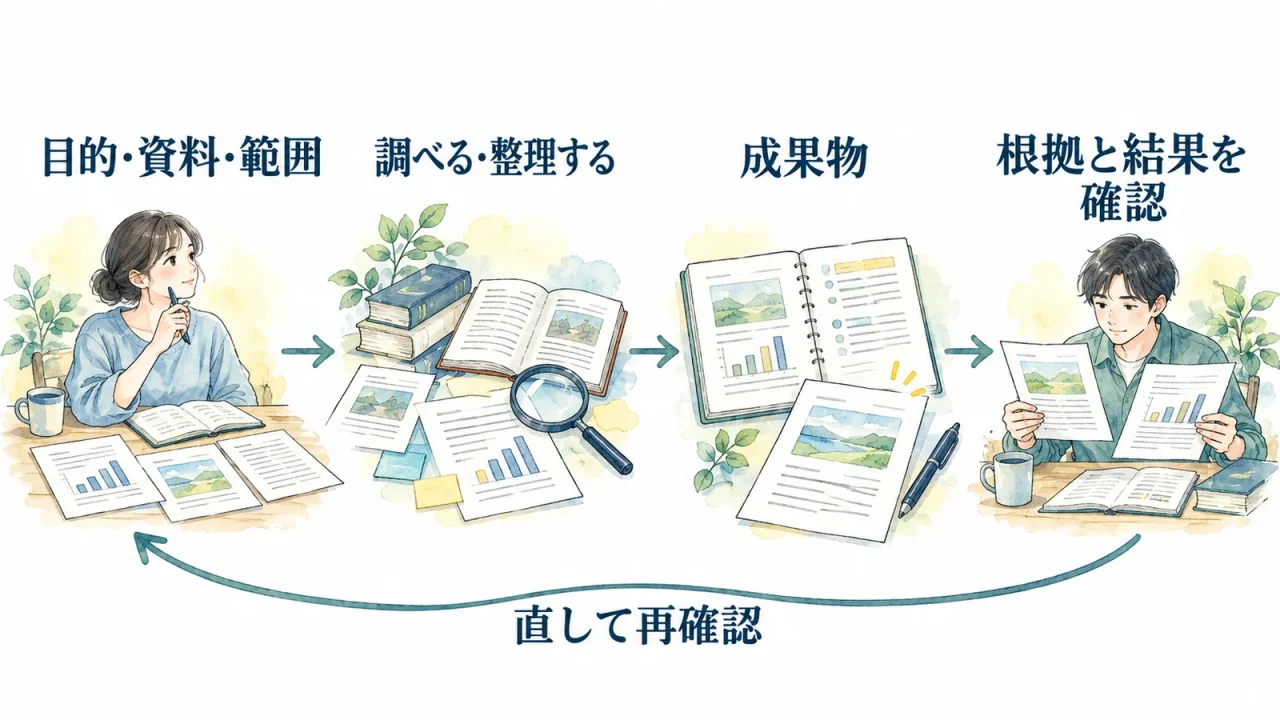目的・資料・範囲を伝え、調べて整理し、成果物の根拠と結果を確認する流れ。必要に応じて直して再確認する。
