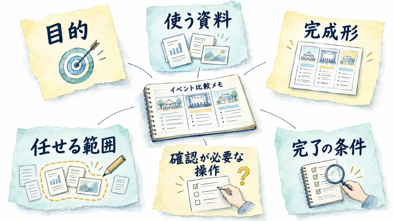 イベント比較メモを囲む、依頼に含めたい6要素。目的、使う資料、完成形、任せる範囲、確認が必要な操作、完了の条件。