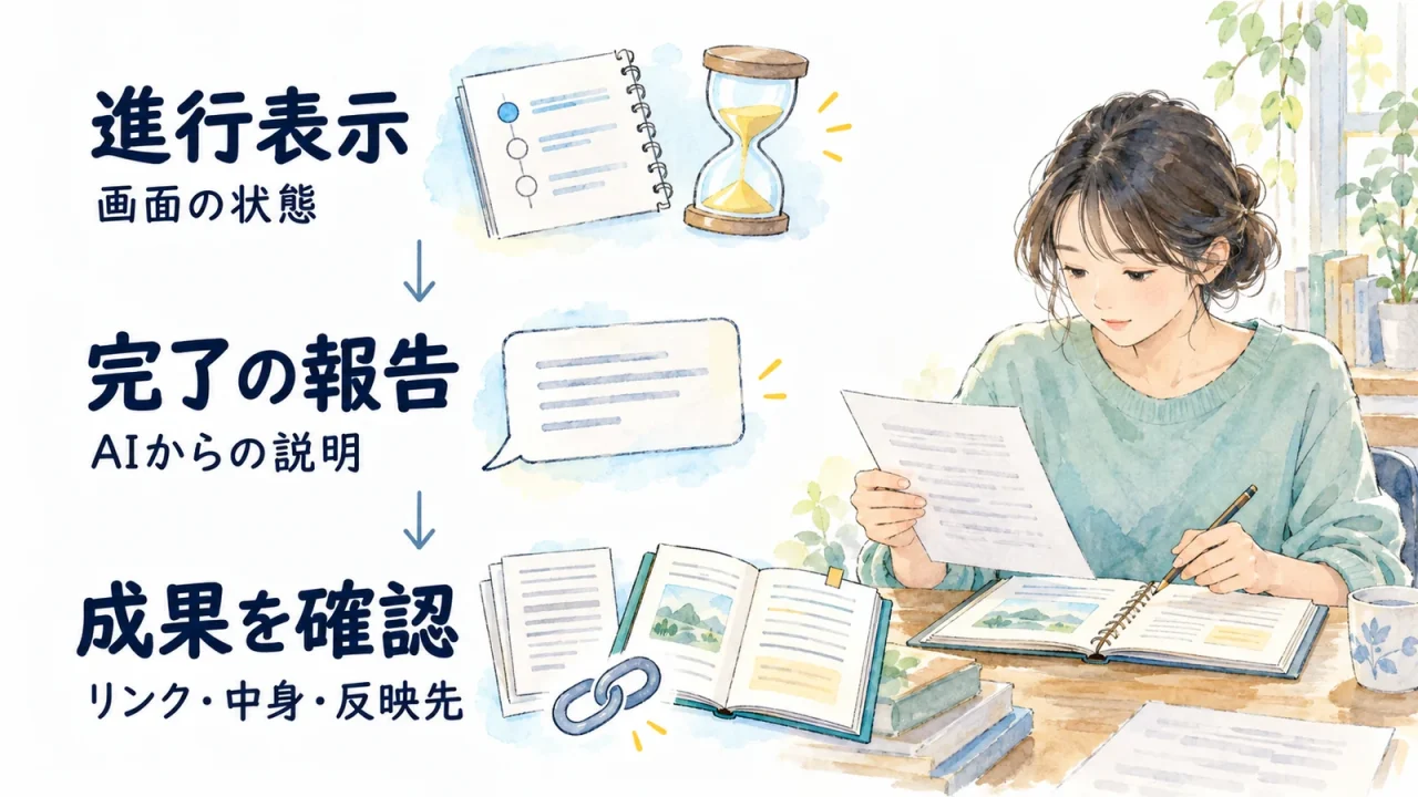 進行表示は画面の状態、完了の報告はAIからの説明、成果の確認はリンク・中身・反映先の確認という3段階を示す。
