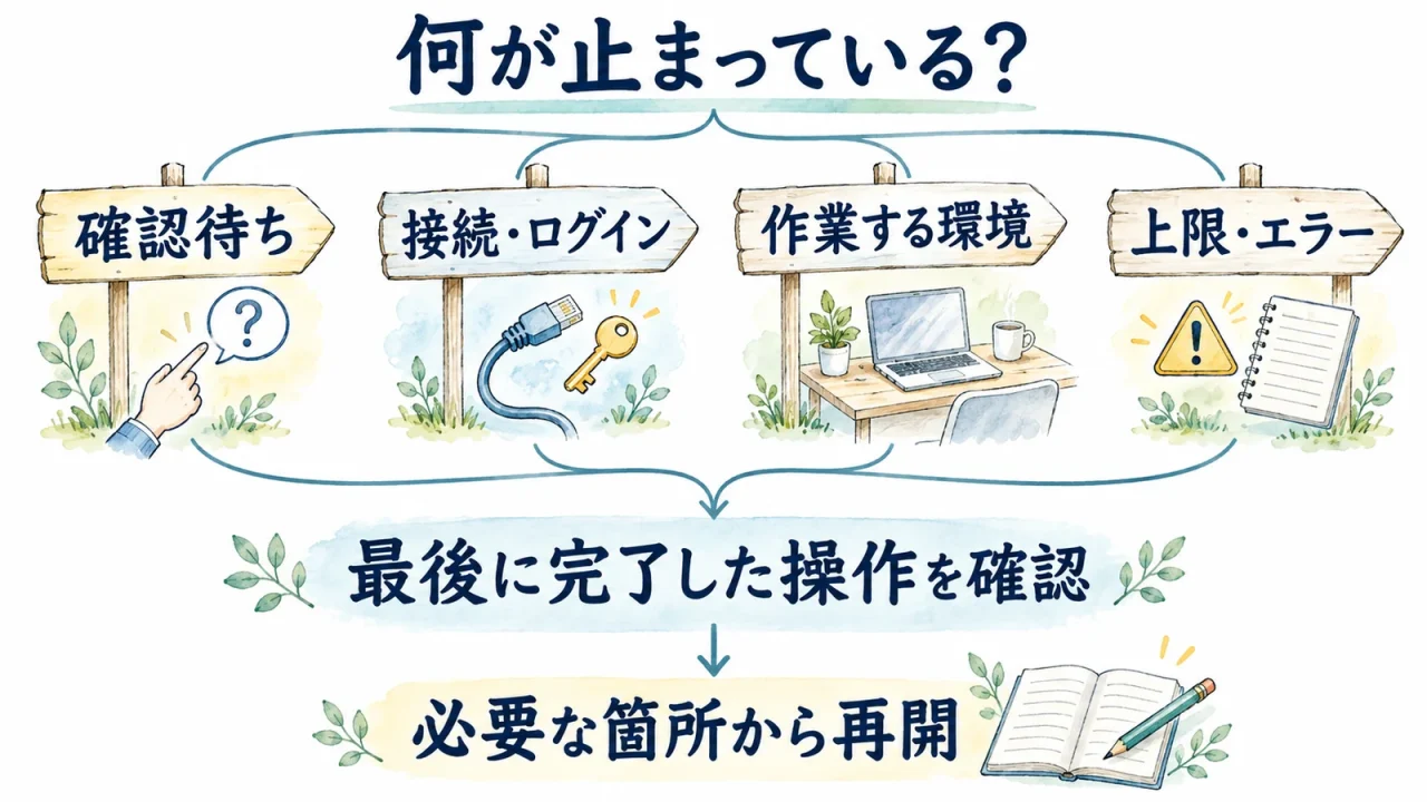 作業が止まったときの切り分け。確認待ち、接続・ログイン、作業する環境、上限・エラーを確認し、最後に完了した操作から必要な箇所を再開する。