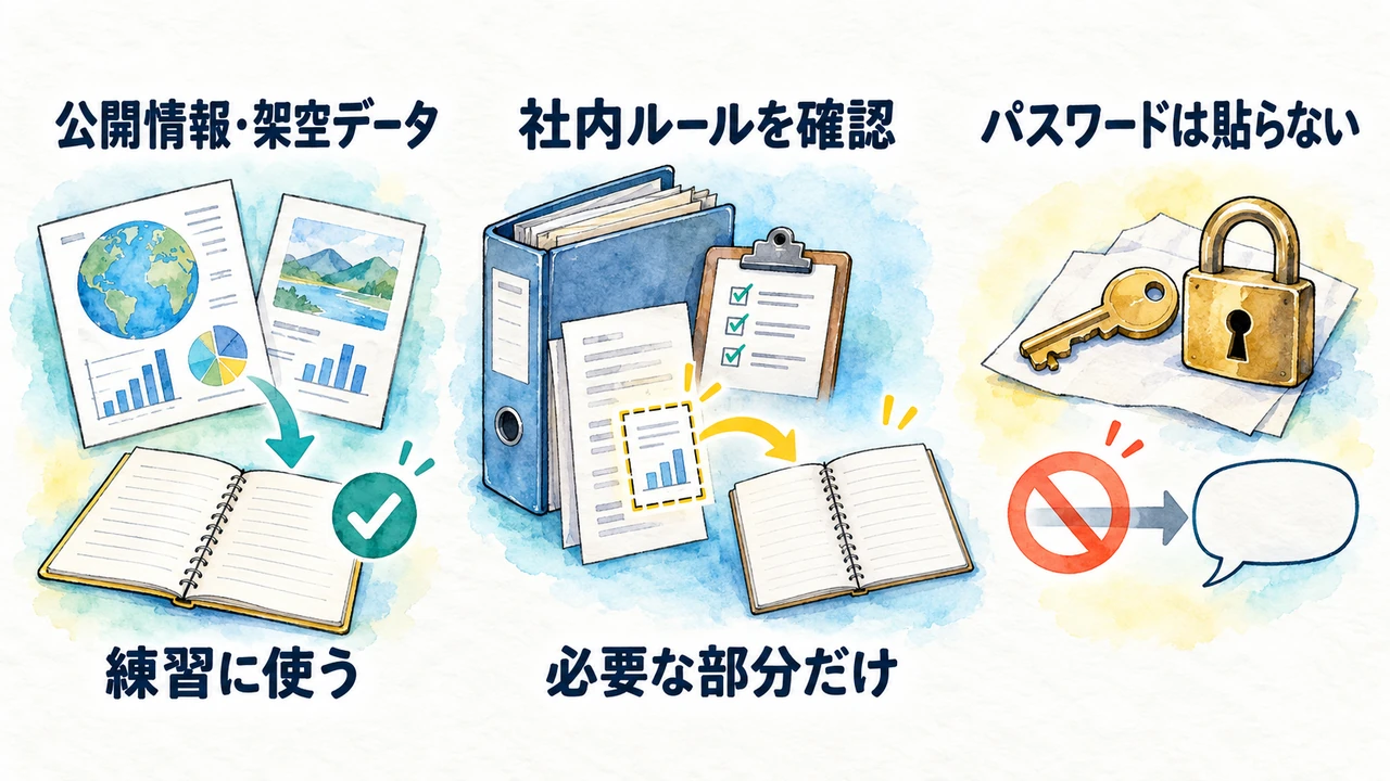 公開情報や架空データは練習に使い、仕事の資料は社内ルールを確認して必要な部分だけ渡す。パスワードはチャットへ貼らない。