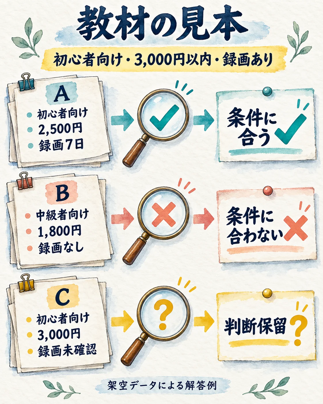 教材の見本。初心者向け・税込3,000円以下・録画ありで照合すると、Aは条件に合う、Bは合わない、Cは録画未確認のため判断保留となる。