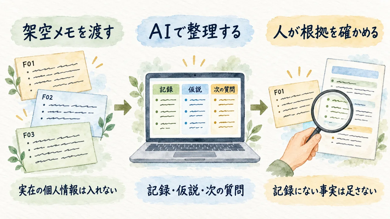 架空メモをAIで記録・仮説・次の質問に整理し、最後に人が元の記録と照合する三段階