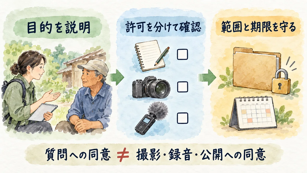 目的を説明し、質問・撮影・録音などの許可を分けて確認し、合意した範囲と期限を守る流れ