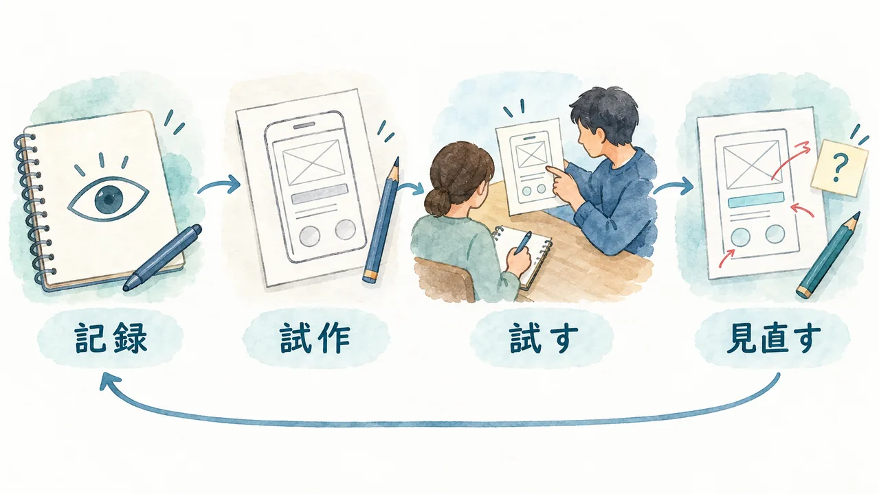 観察を記録して試作品を作り、試した結果から見直して再び観察する流れ