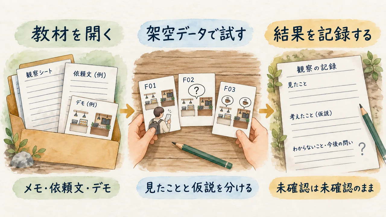 教材を開き、架空データで試し、確認した結果と未確認の点を記録する使い方を示す編集部作成の水彩説明図