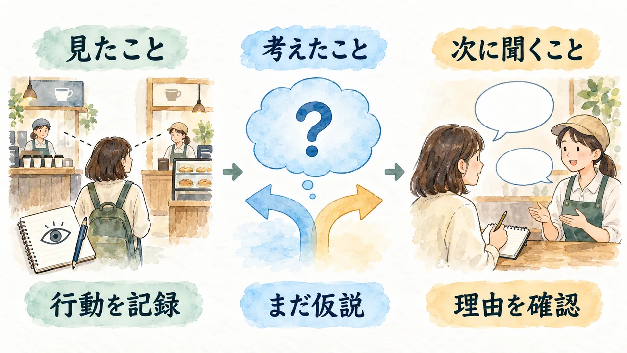 見た行動を記録し、解釈は仮説として分け、理由を質問で確かめる三つの段階