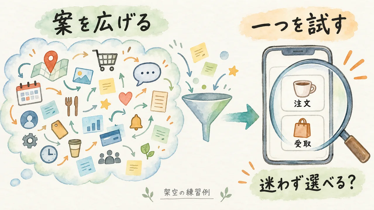 多くの機能案から注文と受取を選ぶ一つの画面へ絞り、迷わず選べるかを確かめる図