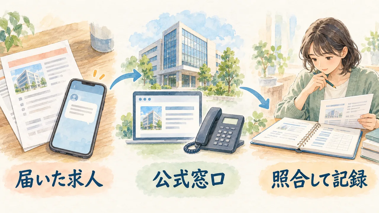 届いた求人と、自分で調べた会社の公式窓口を別々に確認して記録する水彩図