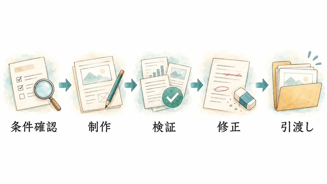 条件確認、制作、検証、修正、引渡しの5工程を矢印でつないだ水彩の説明図