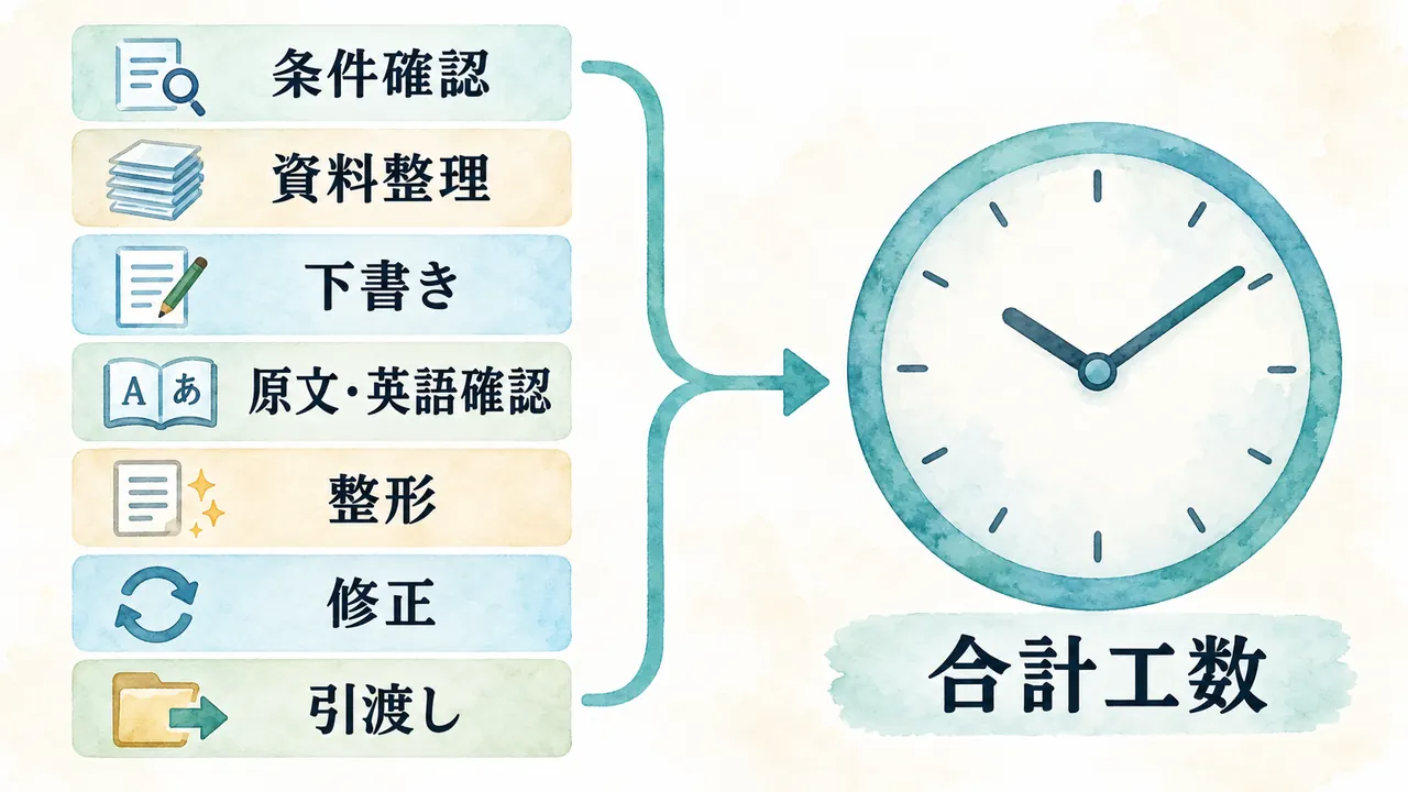7つの作業カードを一つの時計へ集約し、合計工数を考える水彩の説明図