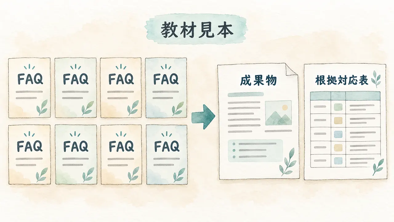 8枚のFAQカードから編集可能な成果物と根拠対応表へ進む教材用の水彩図
