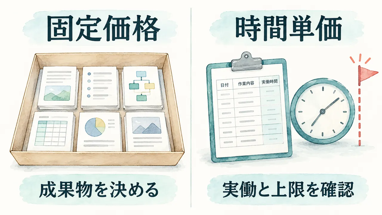 固定価格の決まった成果物と、時間単価の作業記録・上限確認を比較した水彩図