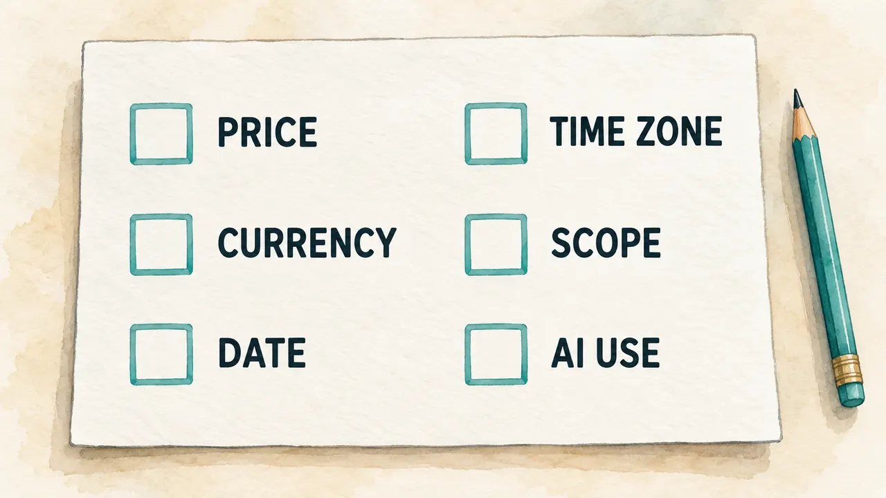 PRICE、CURRENCY、DATE、TIME ZONE、SCOPE、AI USEを確認する送信前チェック図