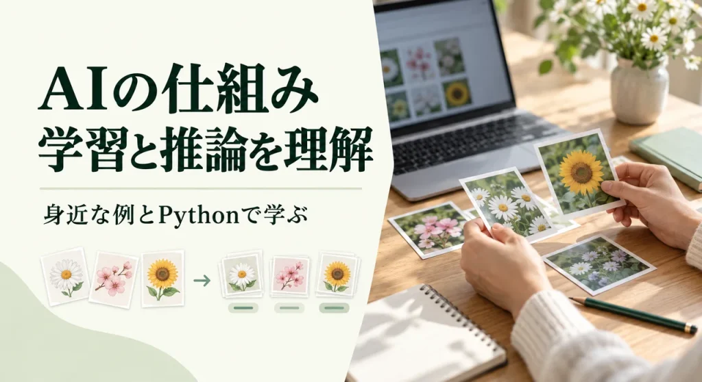 AIの仕組みを学ぶために花の写真を分類する手元と、学習・推論の入門タイトル