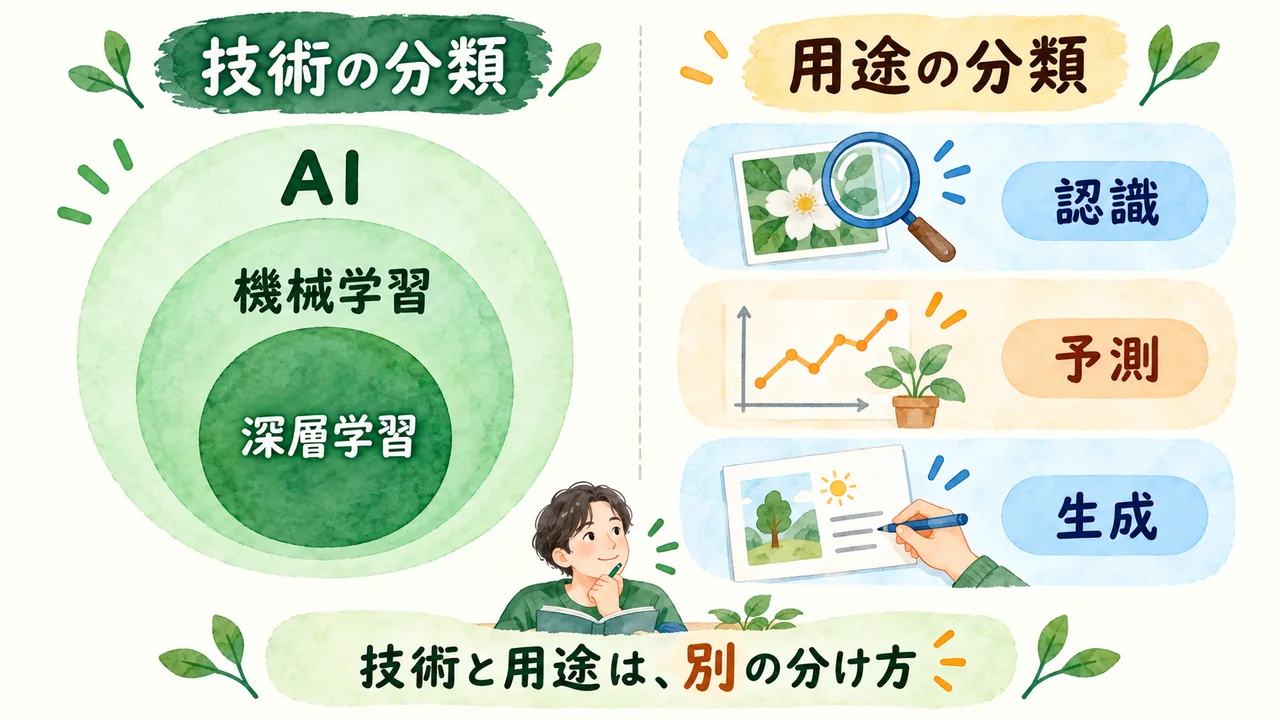 AI・機械学習・深層学習という技術の分類と、認識・予測・生成という用途の分類