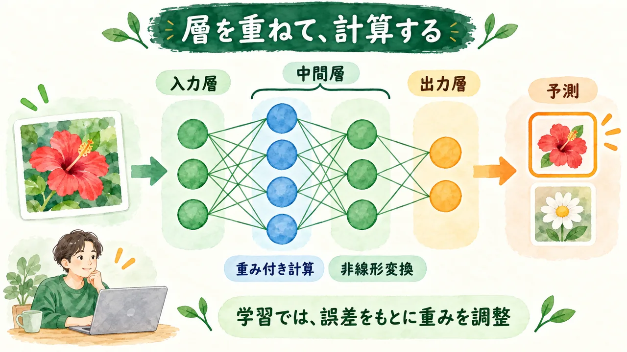 入力層・中間層・出力層を通って花を分類するニューラルネットワークの概念図