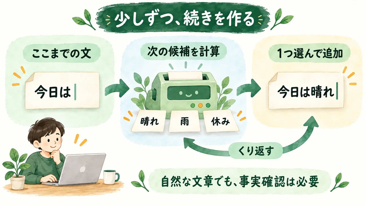 ここまでの文から次の候補を計算し、選んで追加する処理を繰り返す文章生成の図