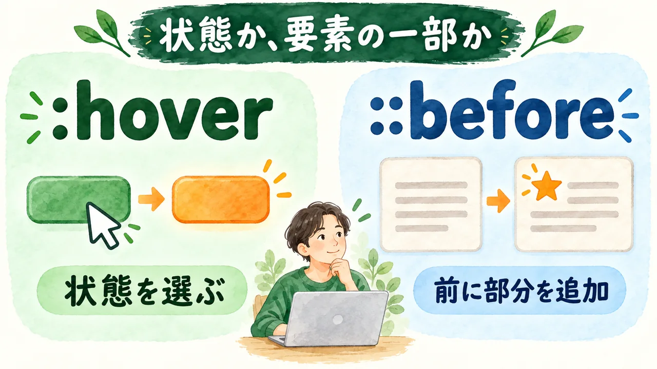 hoverで状態を選ぶこととbeforeで要素の前に内容を追加することの違い