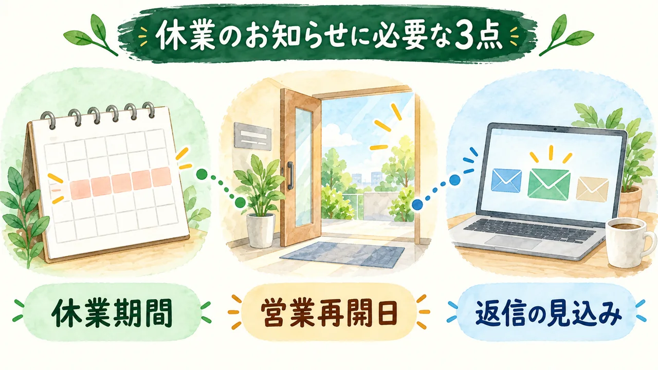 休業期間、営業再開日、返信の見込みを案内する3つの確認項目