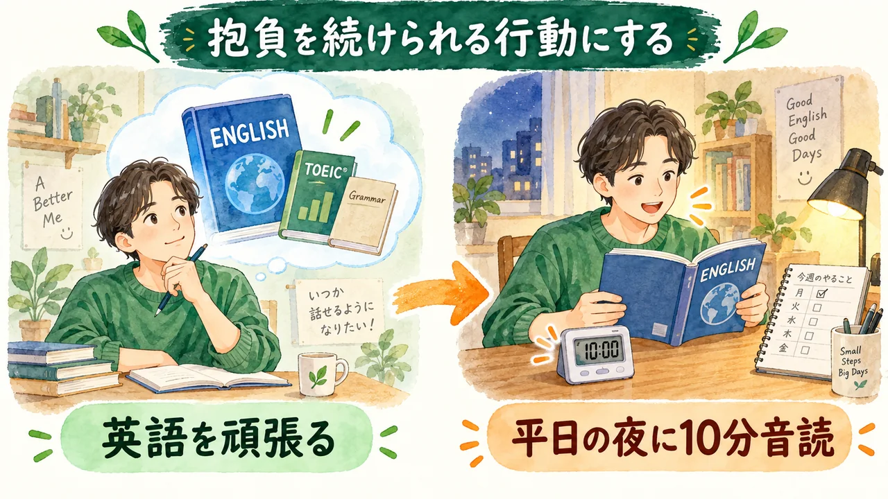 英語を頑張るという目標を、平日の夜に10分音読する行動へ具体化する例