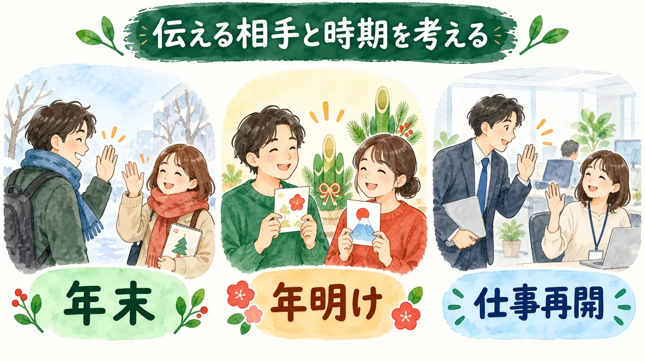 年末の別れ、年明けの挨拶、仕事再開の3場面を示す図