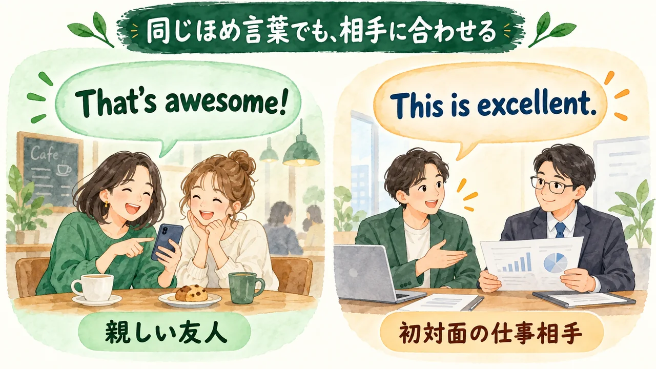 友人にはThat’s awesome、初対面の仕事相手にはThis is excellentと伝える場面の比較