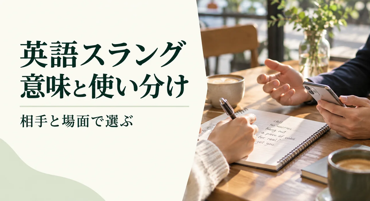 英語スラングの意味と使い分けを学ぶタイトルと、カフェで英語のノートを見ながら会話する手元
