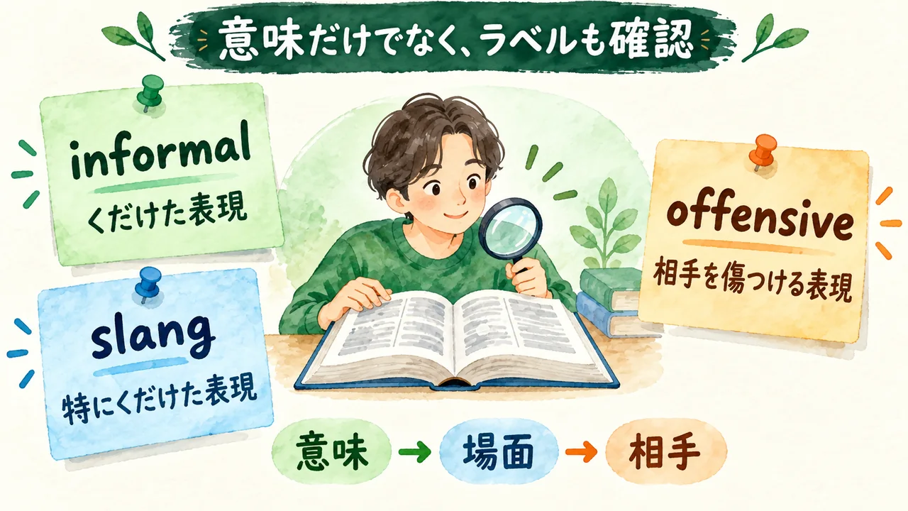 辞書のinformal、slang、offensiveのラベルと意味・場面・相手を確かめる手順
