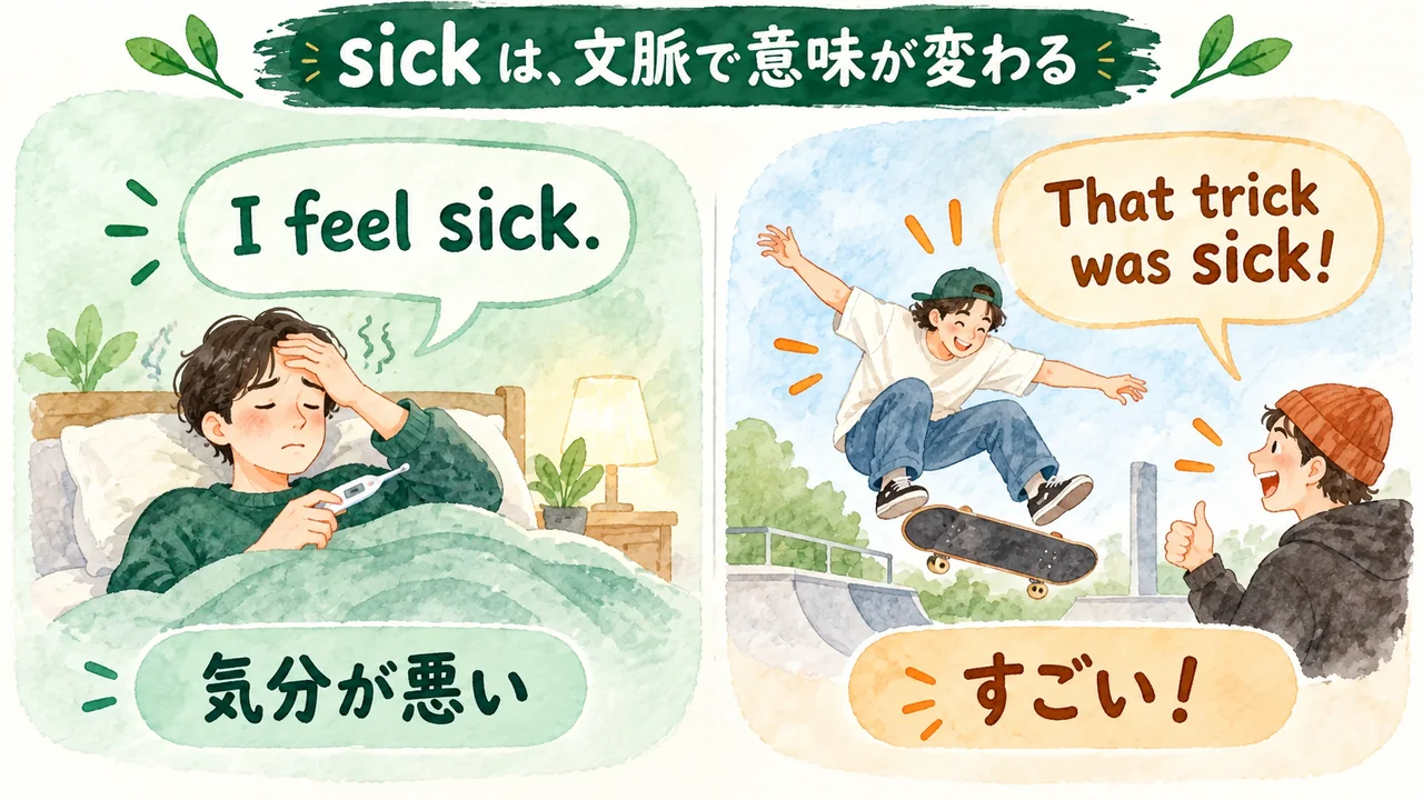 I feel sickは気分が悪い、That trick was sickは技がすごいという2つの場面