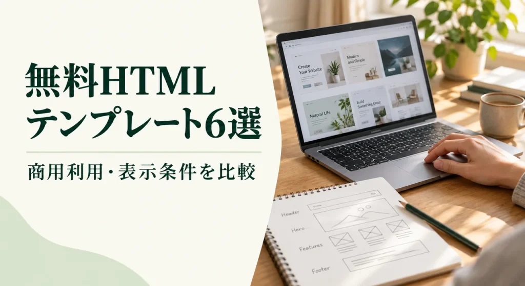 無料HTMLテンプレート6選のタイトルと、自然光のデスクでWebデザインを選ぶノートパソコンと手元