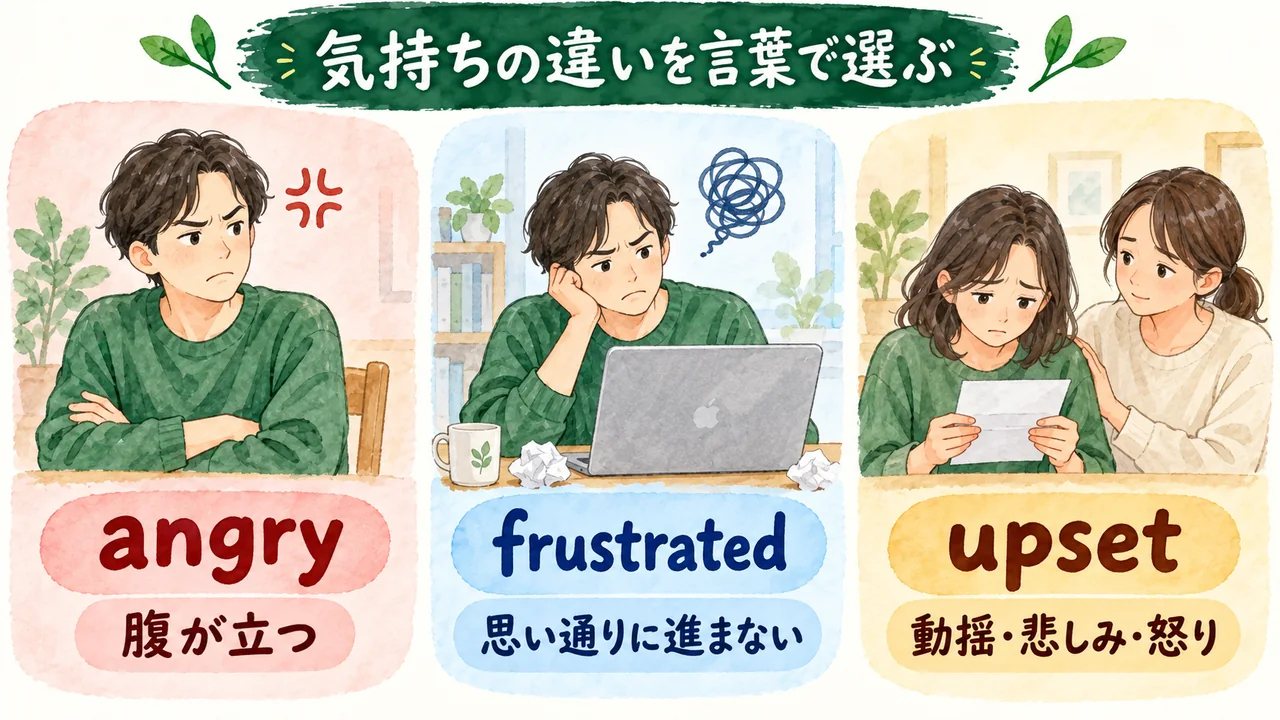 angryの腹立ち、frustratedのもどかしさ、upsetの動揺や悲しみを描き分けた図