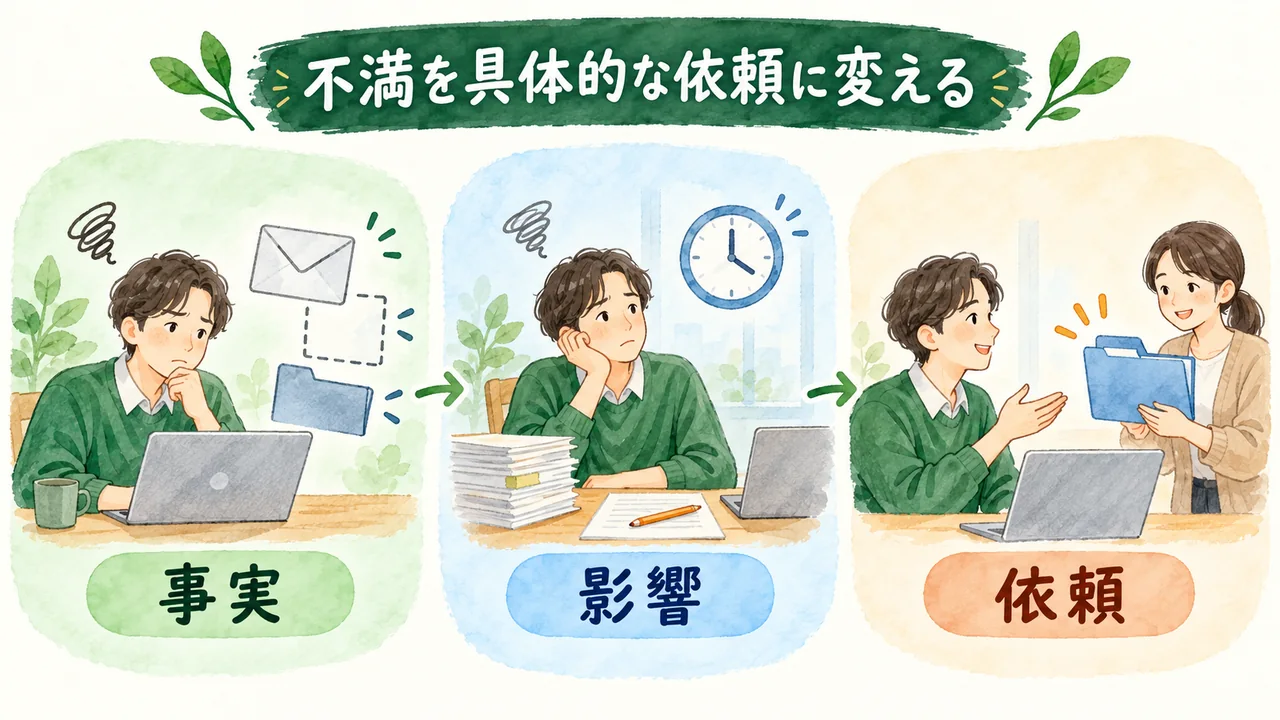 資料が届かない事実、レビューできない影響、再送を頼む依頼の3段階