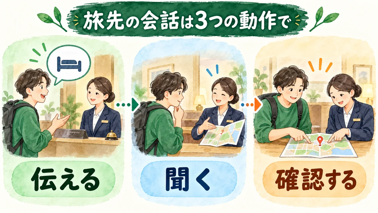 旅行者が用件を伝え、相手の返答を聞き、必要な情報を確認する3場面
