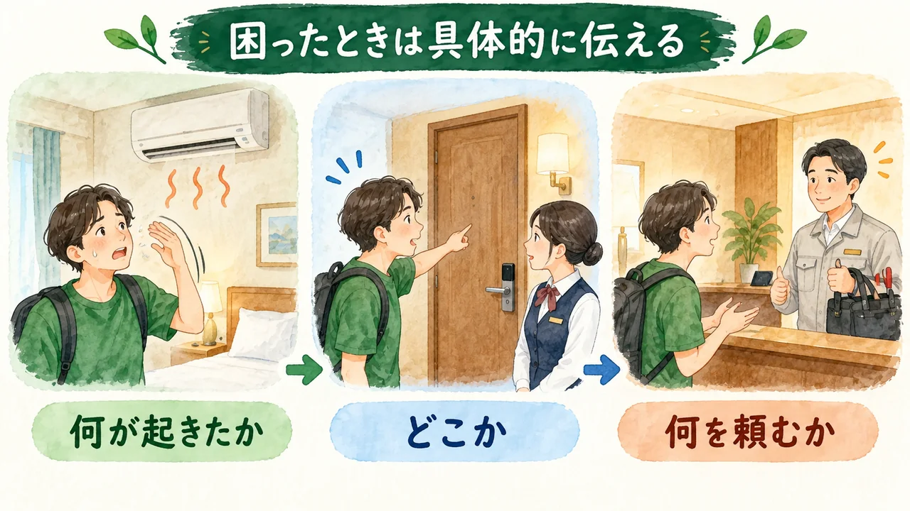 故障したエアコン、ホテルの部屋、点検を頼む受付での会話の3場面