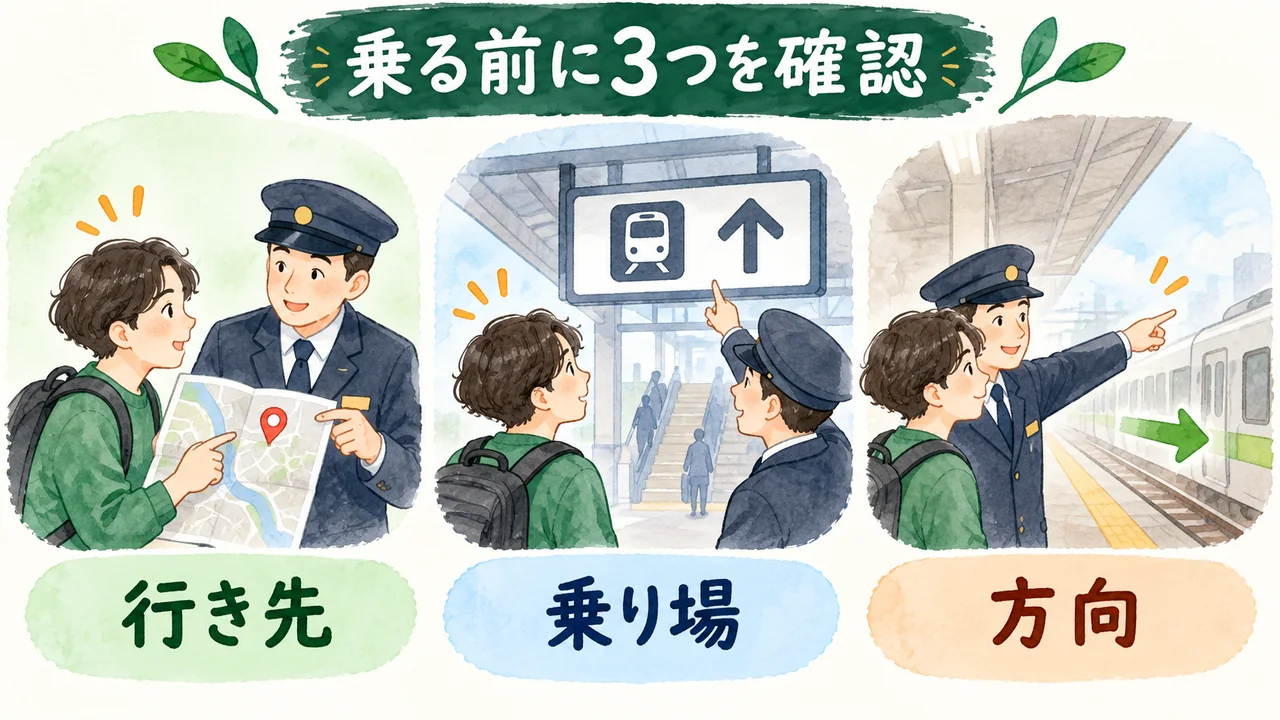 旅行者と駅員が地図の行き先、乗り場、列車の方向を確認する3場面