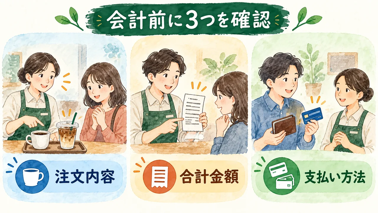 注文内容、合計金額、支払い方法を店員とお客様が確認する3場面の水彩図解