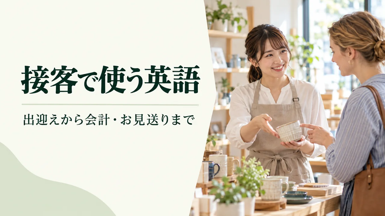 接客で使う英語を紹介する表紙。雑貨店で商品を確認する店員とお客様の写真調学習イメージ