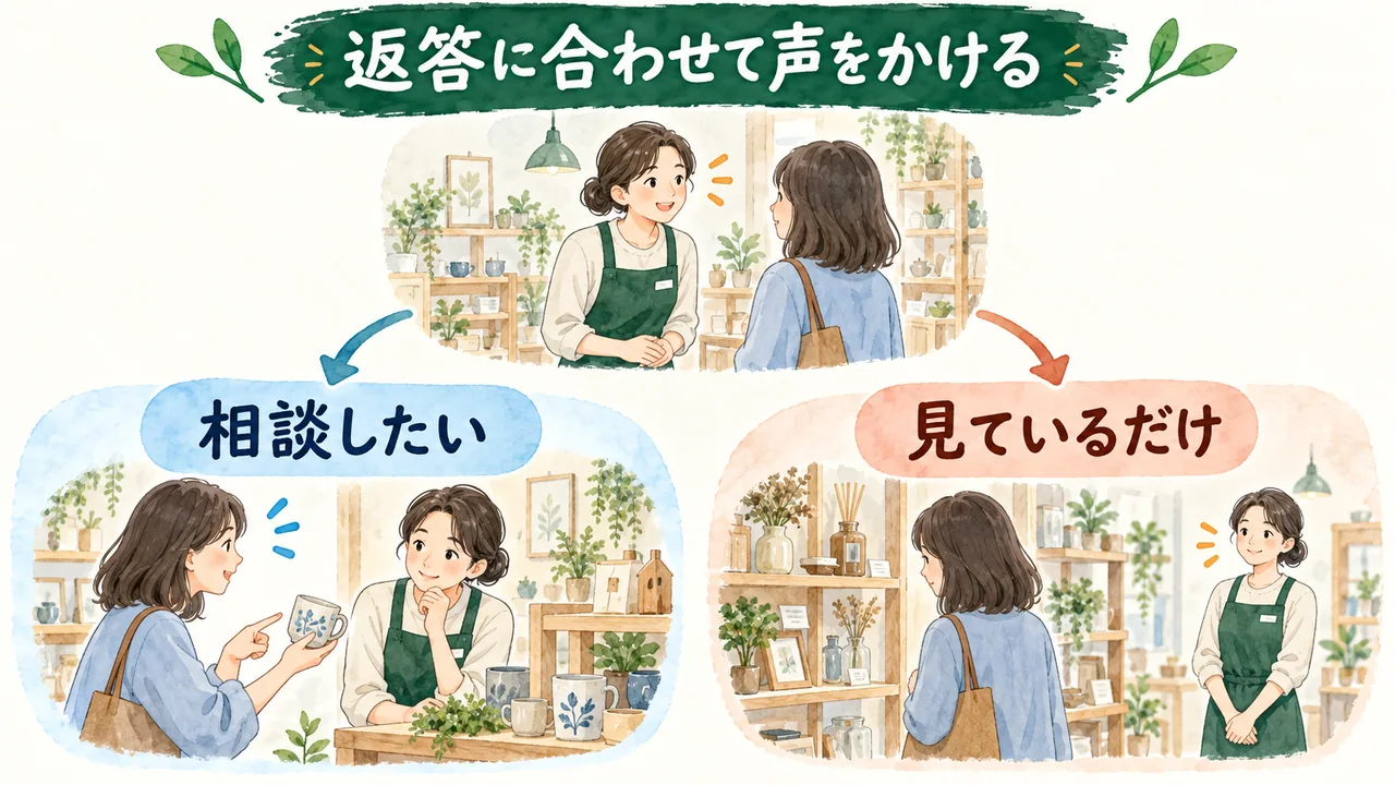 相談したいお客様には話を聞き、見ているだけのお客様には距離を取る接客の水彩図解